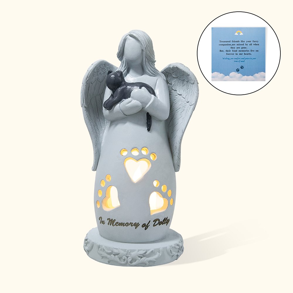Personalized Angel Embracing Pet Candle Holder Figurine with LED Light