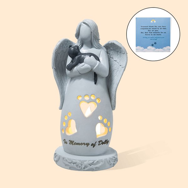 Personalisierte Engel umarmt Haustier Kerzenhalter Figur mit LED-Licht Sympathie Memorial Geschenk für den Verlust von Haustier