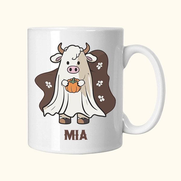 Mug Céramique 330ml Personnalisé avec Nom Style Vache de Fantôme à Citrouille Cadeau Halloween Fête de l'Animal pour Famille Ami Amoureux de Vache