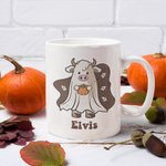 Personalized Happy Halloween Cow Ghost with Pumpkin Mug 11oz Cute Halloween Animal Festival Mug Halloween Gift for Cow Lover Friends Family