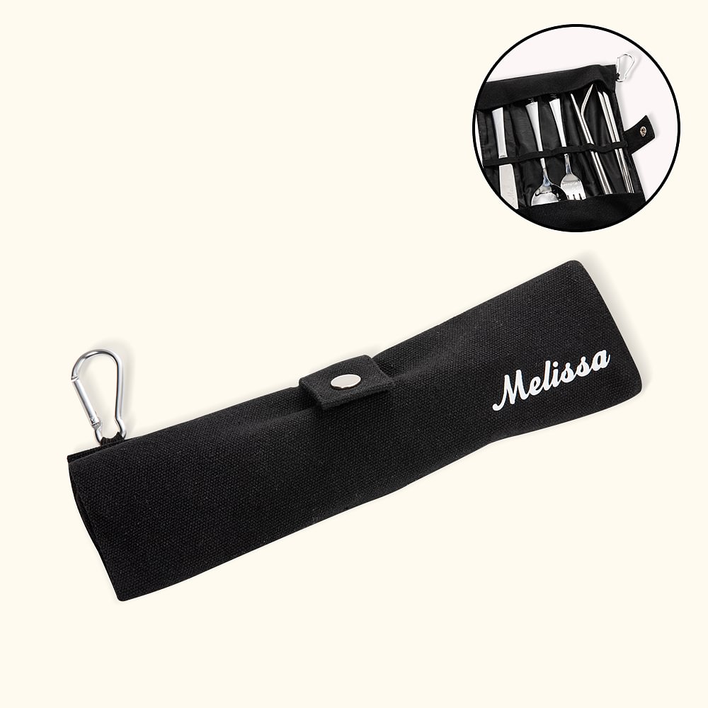 Set d'ustensiles de voyage portatif en acier inoxydable personnalisé Set de couverts de pique-nique Sac de rangement pour campeur Cadeau de randonnée pour la famille ou un(e) ami(e)