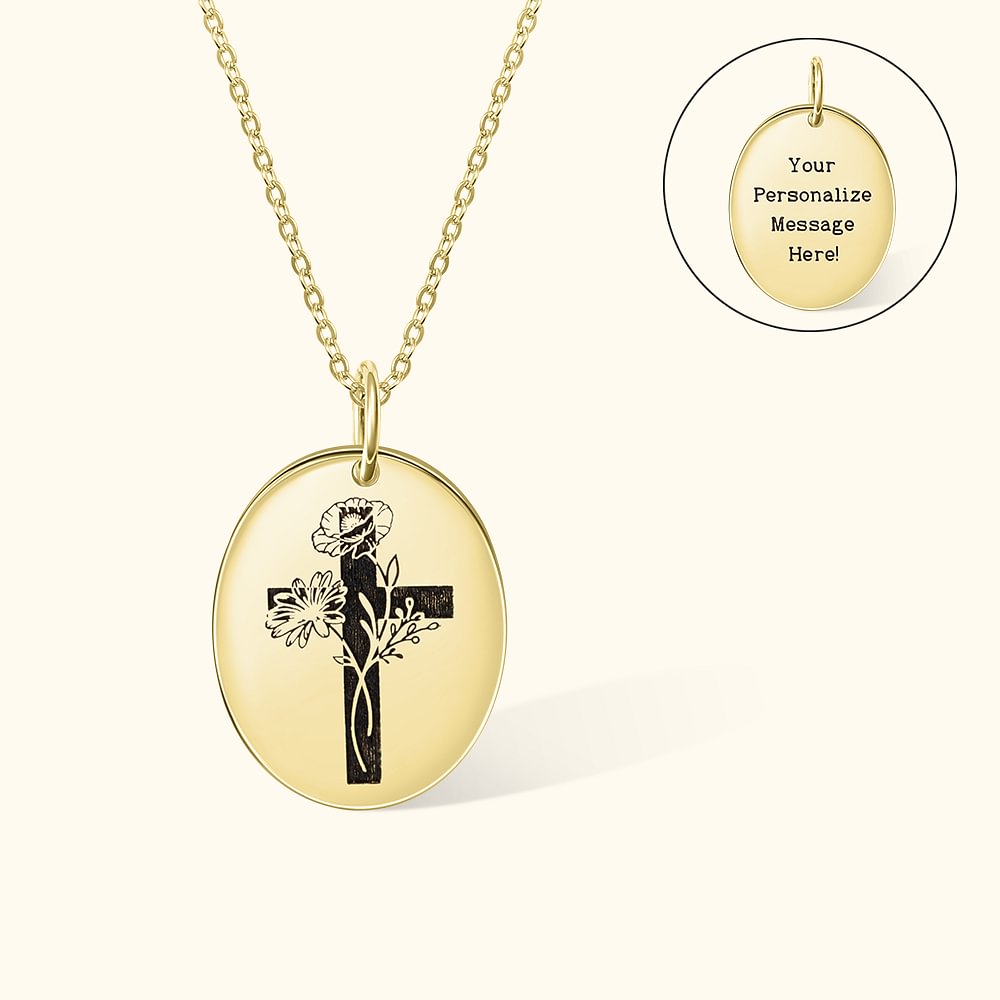 Collier Pendentif Gravé Personnalisé avec Fleur de Naissance et Croix Cadeau Fête des Mères pour Femme