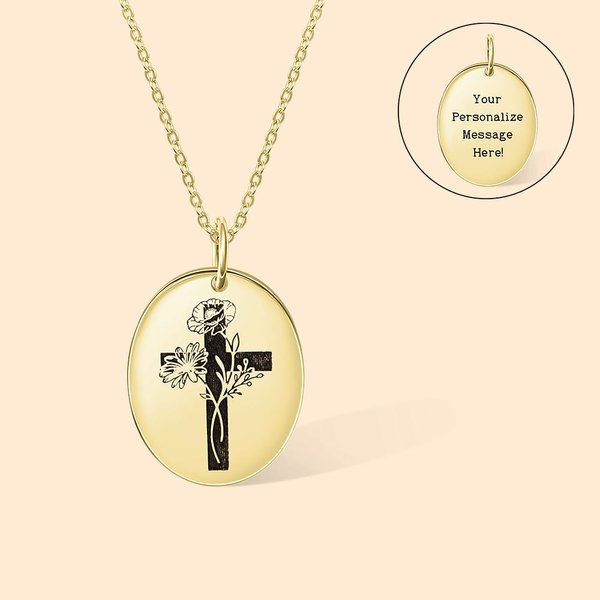Personalized Engraved Cross Name Necklace with Birth Flower Birthday Mother's Day Gift for Her