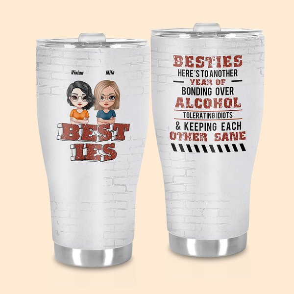 Gepersonaliseerde Besties Here's To Another Year Of Bonding Over Alcohol Gebogen Tumbler Grappig Verjaardags- Kerstcadeau voor vriendinnen