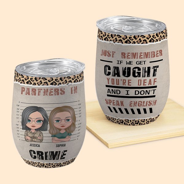 Gepersonaliseerde Luipaard Zus Partners In Crime Bestie Quote Wijn Tumbler met Rietje Bruidsfeest Cadeau met Isolatie Effect