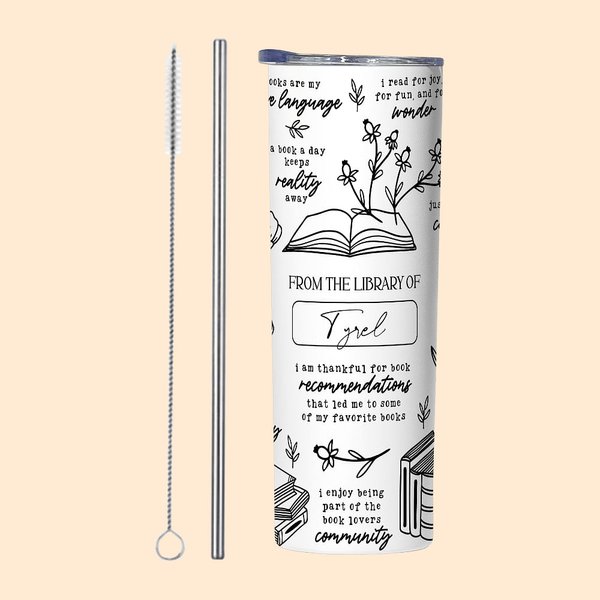 Gepersonaliseerde 20oz Reading Floral Books Affirmations Skinny Tumbler met rietje en naam Verjaardagscadeau voor boekenliefhebbers