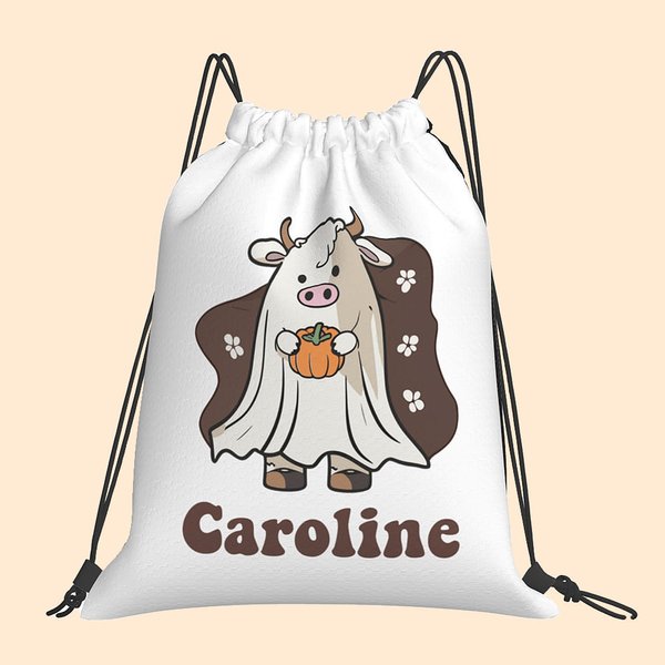 Personalisierte Halloween Kürbis und Geist Kuh Drawstring Umhängetasche Trick oder behandeln Tasche Halloween Geschenk für Kinder Familie Freunde