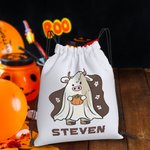 Personalisierte Halloween Kürbis und Geist Kuh Drawstring Umhängetasche Trick oder behandeln Tasche Halloween Geschenk für Kinder Familie Freunde