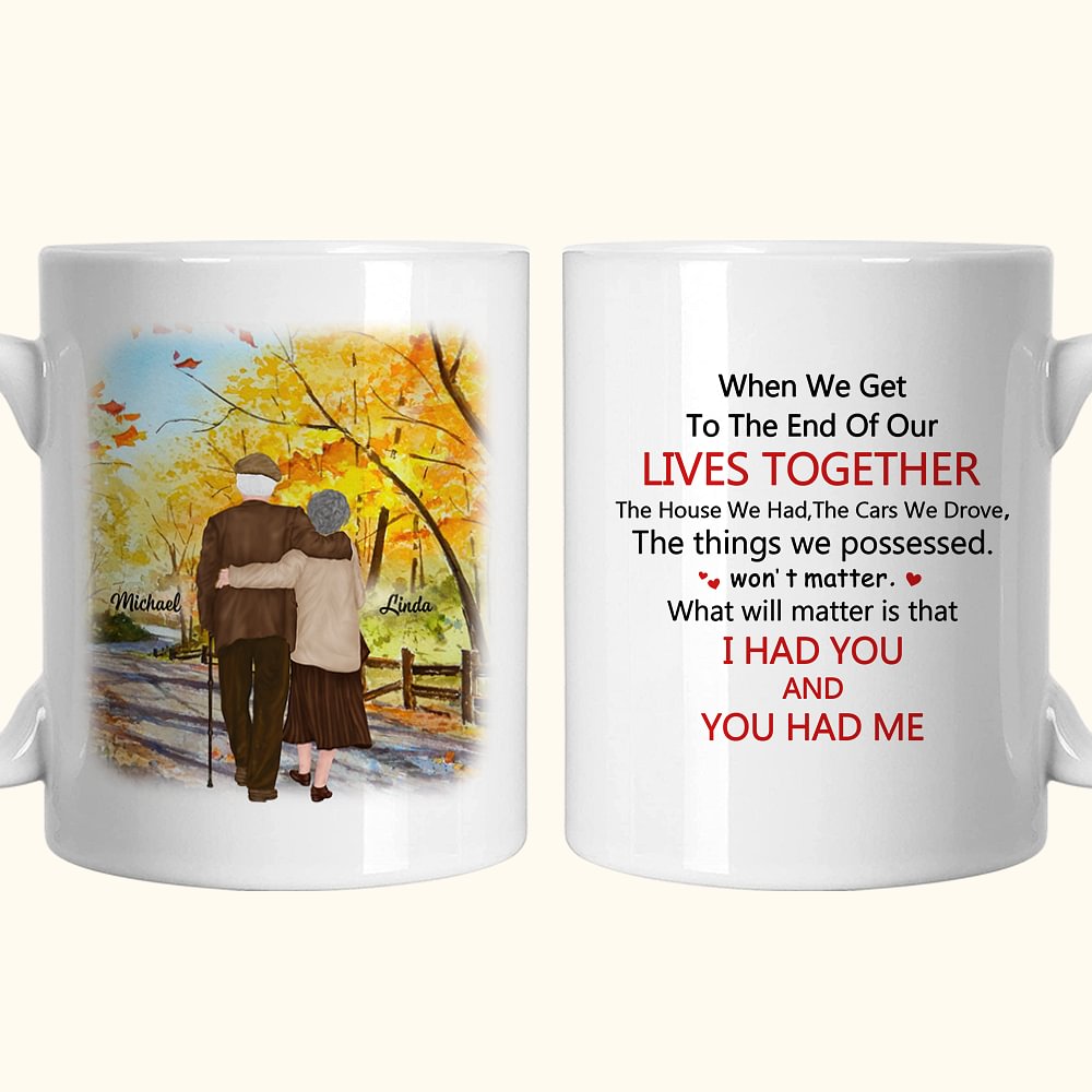 Mug en Céramique Personnalisé avec Vues de Dos du Couple Âgé et Nom Cadeau Anniversaire pour Grands-Parents