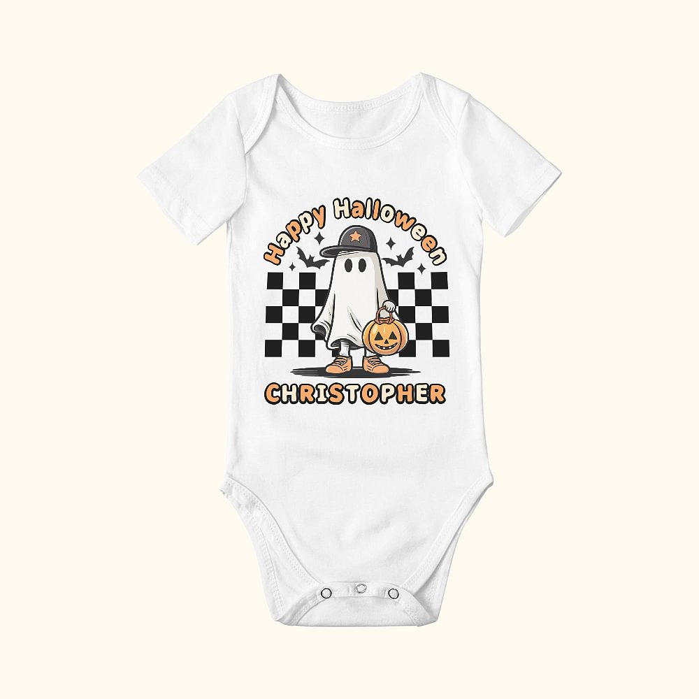 Onesie Personnalisé avec Texte Bicolore Style Fantôme Citrouille Crâne Cadeau Halloween Fête pour Bébé Nouveau-né Nouvelle Maman