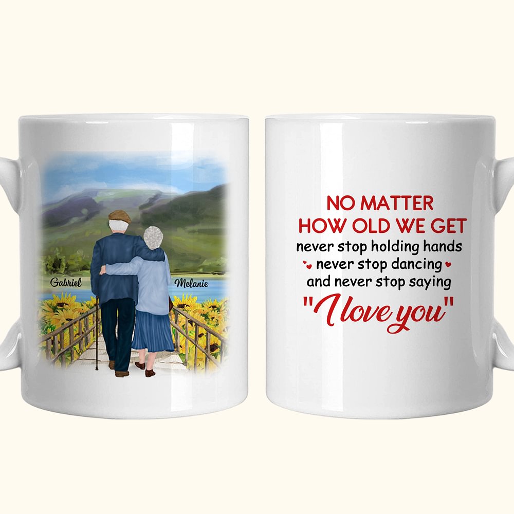 Mug personnalisé Never Stop Holding Hands en céramique avec anse de type C Cadeau d'anniversaire Souvenir Cadeau d'anniversaire pour couple