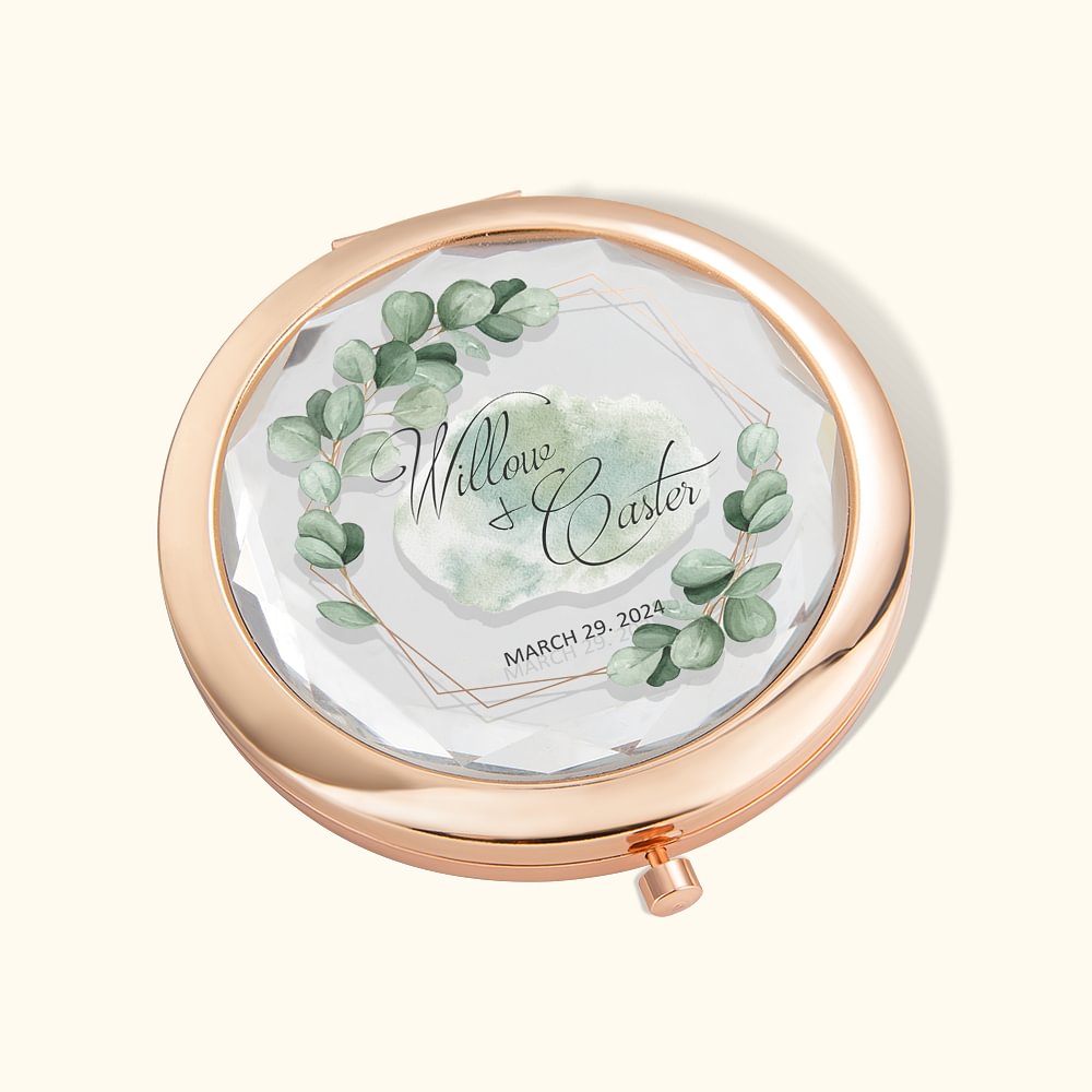 Miroir de maquillage plié en forme d'eucalyptus personnalisé Cadeau pour demoiselle d'honneur ou enterrement de vie de garçon