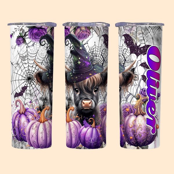 Gepersonaliseerde Baby Highland Koe Heks 20oz Skinny Tumbler met deksel en rietje Halloween Thanksgiving Gift voor kinderen Cow Lover