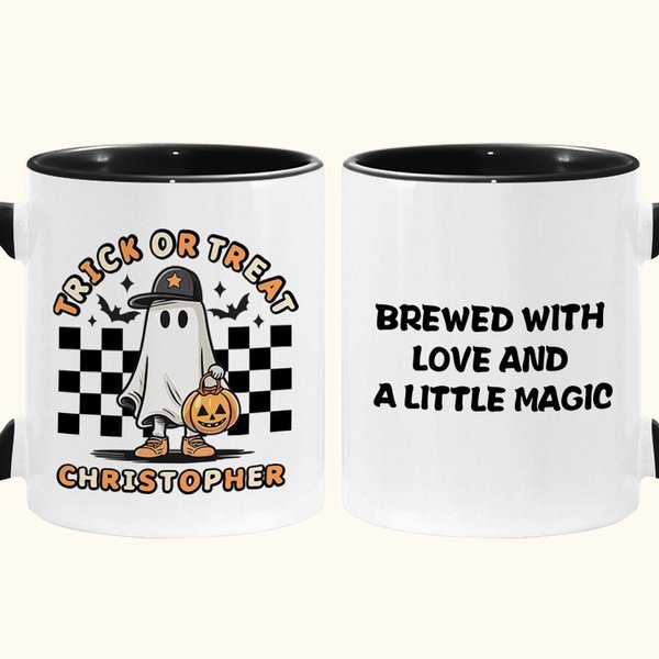 Personalisierte Happy Halloween Trick oder behandeln Geist Kürbis Skelett Becher 11oz Spooky Saison Kaffeebecher Halloween Geschenk für Familie Freund