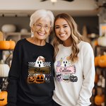 Gepersonaliseerd Schattig Spook Kat Pompoen Crewneck Sweatshirt Halloween Party Spooky Seizoen Geschenk voor Familie Vriend
