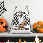 Personalisierte Kürbis Trick oder Treat Candy Drawstring Bag Halloween Geist Skelett Rucksack mit Schachbrettmuster Halloween Geburtstag Party Geschen