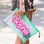 Personalized Pink Curved Font Waterproof Beach Cosmetic Bag Toiletry Bag with Name Bridesmaid Bachelorette Party Wedding Gift for Her