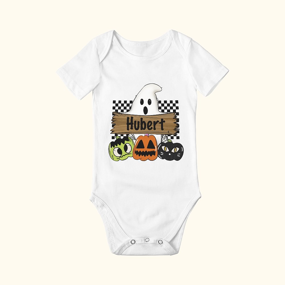 Onesie Bébé Personnalisé avec Texte à Motifs Fantôme Citrouilles Onesie à Manches Courtes Cadeau Halloween pour Nouveau-né