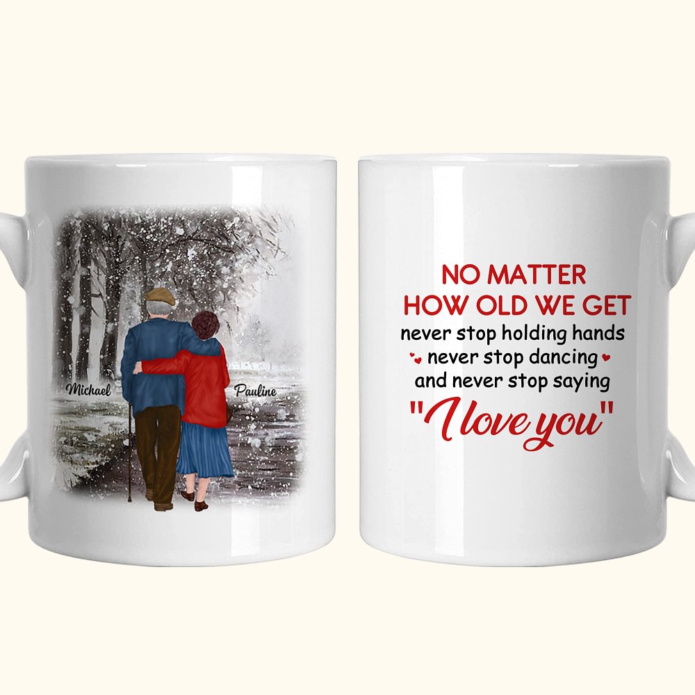 Mug personnalisé Never Stop Holding Hands en céramique avec anse en C Cadeau d'anniversaire Cadeau de Noël pour couple