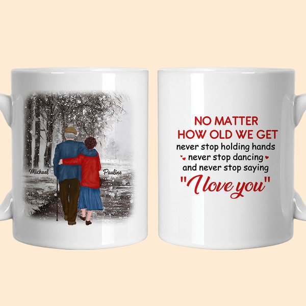 Gepersonaliseerde Never Stop Holding Hands Keramische C-type handvat Mok Verjaardagscadeau Verjaardag Kerstcadeau voor paar