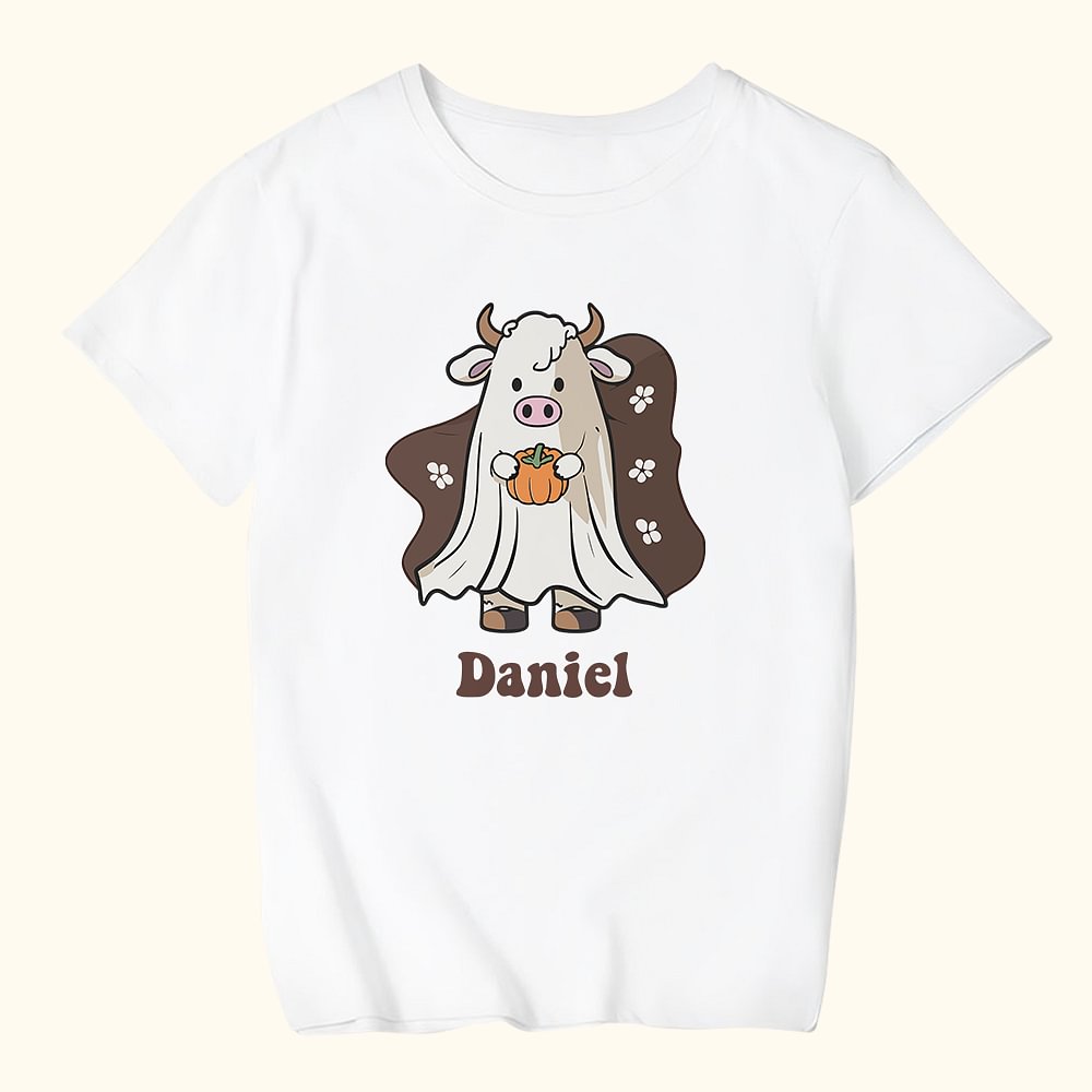 T-shirt pour Enfant Personnalisé avec Nom à Motif Vache de Fantôme Mignon Cadeau Halloween Fête de l'Animal pour Fille Garçon