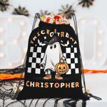 Personalisierte Kürbis Trick oder Treat Candy Drawstring Bag Halloween Geist Skelett Rucksack mit Schachbrettmuster Halloween Geburtstag Party Geschen