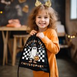 Personalisierte Kürbis Trick oder Treat Candy Drawstring Bag Halloween Geist Skelett Rucksack mit Schachbrettmuster Halloween Geburtstag Party Geschen