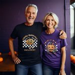 Personalised Halloween Ghost Pumpkin T-shirt Spooky Season Skeleton Short Sleeve Tee with Checkerboard Family Couple Shirt Halloween Party Gift