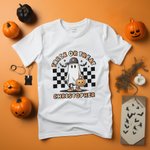 Personalised Halloween Ghost Pumpkin T-shirt Spooky Season Skeleton Short Sleeve Tee with Checkerboard Family Couple Shirt Halloween Party Gift