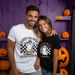 Personalised Halloween Ghost Pumpkin T-shirt Spooky Season Skeleton Short Sleeve Tee with Checkerboard Family Couple Shirt Halloween Party Gift