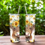 Personalised Highland Cow Sunflowers Design 20oz Tumbler Name Coffee Travel Cup with Straw and Cleaning Brush Birthday Gift for Highland Cow Lover