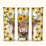 Personalised Highland Cow Sunflowers Design 20oz Tumbler Name Coffee Travel Cup with Straw and Cleaning Brush Birthday Gift for Highland Cow Lover