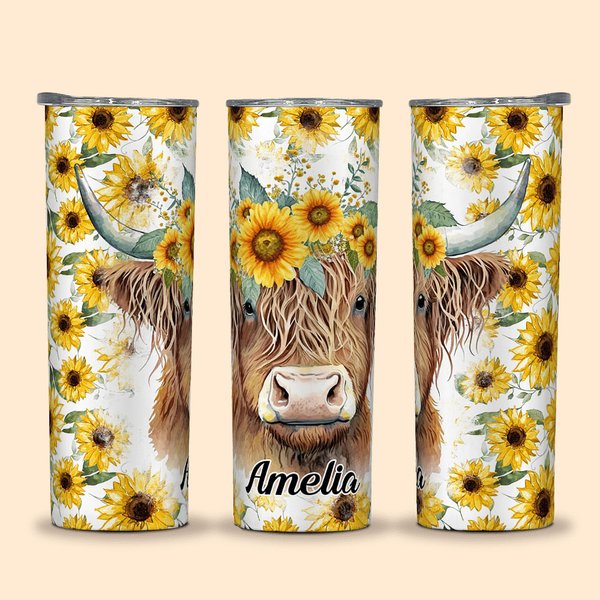 Personalised Highland Cow Sunflowers Design 20oz Tumbler Name Coffee Travel Cup with Straw and Cleaning Brush Birthday Gift for Highland Cow Lover