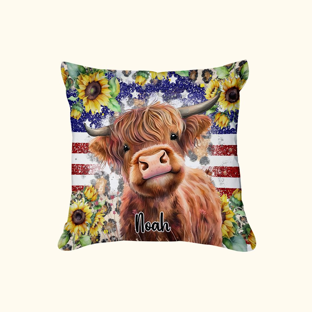 Taie d'oreiller personnalisée Patriot American Flag Highland Cow Design Birthday Christmas Gift for Highland Cow Lover