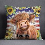 Personalized Patriot American Flag Highland Cow Design Throw Pillow Cover Birthday Christmas Gift for Highland Cow Lover