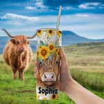 Personalised Highland Cow Sunflowers Design 20oz Tumbler Name Coffee Travel Cup with Straw and Cleaning Brush Birthday Gift for Highland Cow Lover