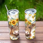 Personalised Highland Cow Sunflowers Design 20oz Tumbler Name Coffee Travel Cup with Straw and Cleaning Brush Birthday Gift for Highland Cow Lover