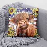 Personalized Patriot American Flag Highland Cow Design Throw Pillow Cover Birthday Christmas Gift for Highland Cow Lover