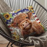 Personalized Patriot American Flag Highland Cow Design Throw Pillow Cover Birthday Christmas Gift for Highland Cow Lover