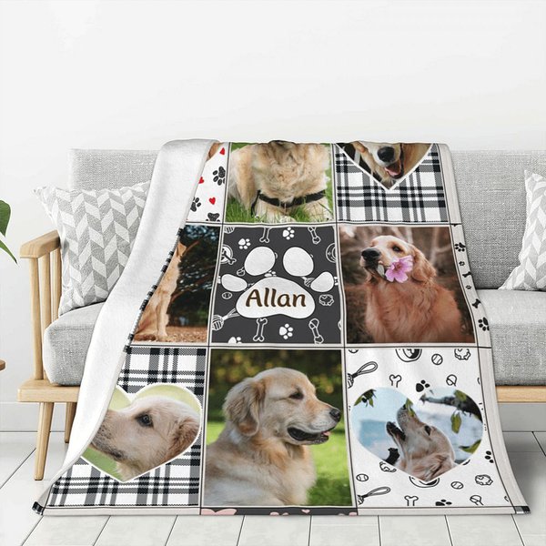 Couverture Polaire ou Sherpa Personnalisée avec 8 Photos de Chiens et Nom Cadeau Anniversaire Fête pour Famille Amoureux d'Animal de Compagnie