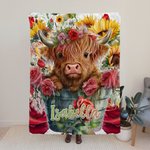 Personalized Highland Cow In a Bucket Fleece Blanket Floral Animal Name Blanket Home Decoration Christmas Birthday Gift for Highland Cow Lover