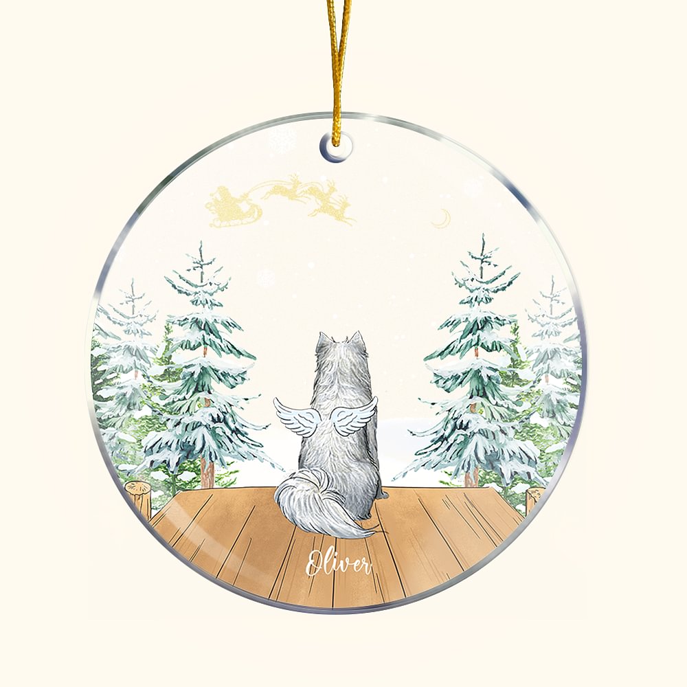 Personalizzato Angelo Cane Ornamento in ceramica acrilica Cane Memorial forma rotonda Ornamento di Natale inverno neve appendere Regalo di perdita del