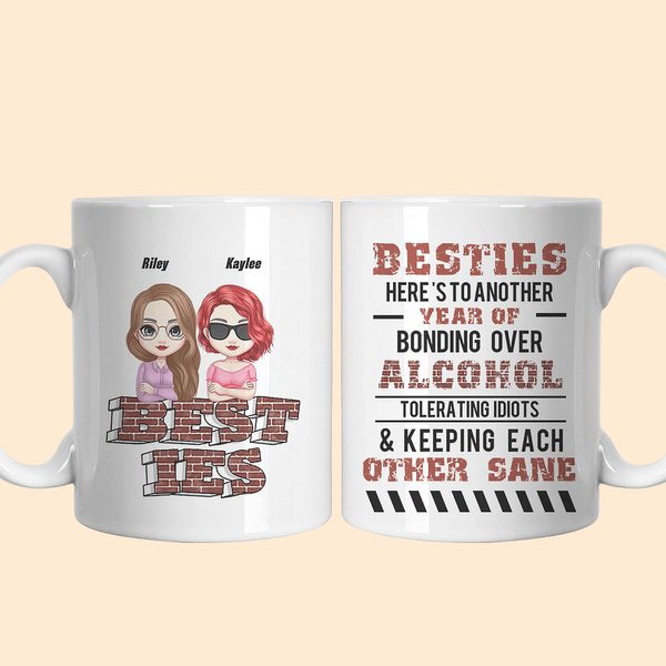 Personalized Besties Here's To Another Year Of Bonding Over Alcohol Ceramic Mug Besties Christmas Gift for Sisters Girls