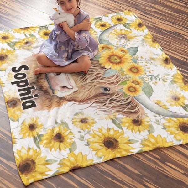 Manta de lana personalizada con nombre Vaca Highland Girasol Regalo de Navidad Cumpleaños para los amantes de las vacas Highland