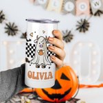Vaso Personalizado Vaca Fantasma Calabaza 12oz Kid Tumbler Checkerboard Halloween Element Sippy Cup 2 Lid Available Spooky Season Birthday Gift for Ki
