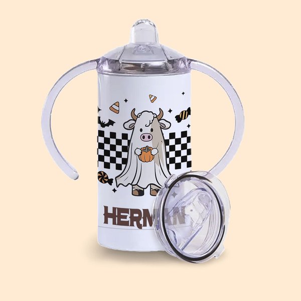 Personalisierte Geist Kuh Kürbis 12oz Kind Becher Schachbrettmuster Halloween Element Sippy Cup 2 Deckel verfügbar gruselige Saison Geburtstagsgeschen