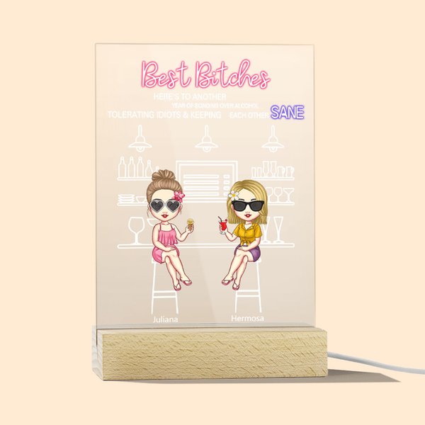 Personalized Best Bitches LED Night Light with Wood Base Birthday Christmas Gift for Besties Sisters Desk Decorations
