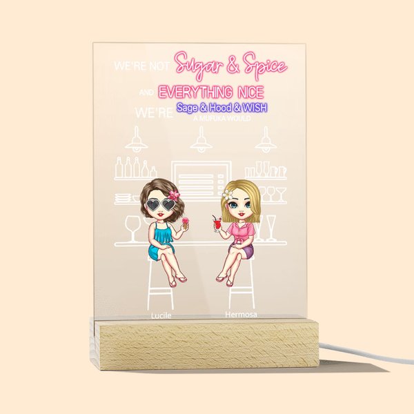 Personalizado No somos azúcar y especias Todo Niza LED Luz de noche con base de madera Cumpleaños Regalo de Navidad para Besties Decoración de Escrito