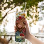 Personalizzato Highland Cow Rose and Sunflower Design 20oz Tumbler Nome Travel Coffee Cup Compleanno Regalo di Natale per gli amanti delle mucche High