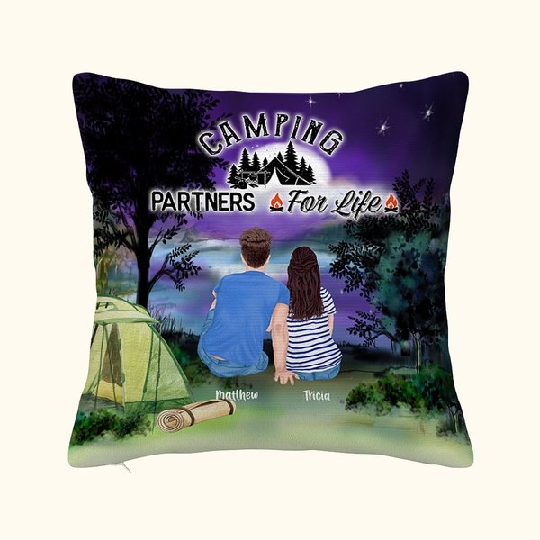Funda de almohada personalizada Camping Partners For Life Family Decoración del hogar Regalo de aniversario Regalo de cumpleaños